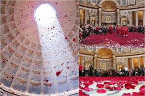 Pentecostés en Roma, la espectacular lluvia de pétalos en el Panteón de Agripa 2 petali rossi